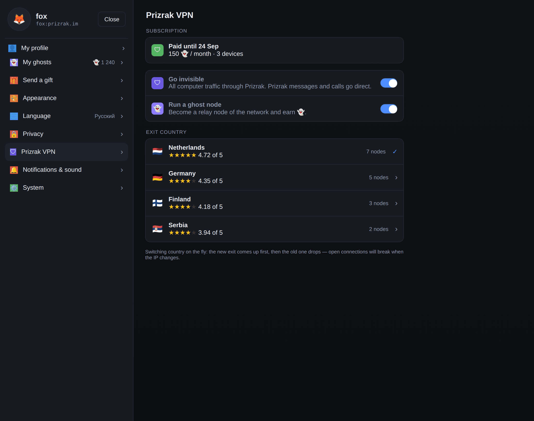 VPN screen in the client